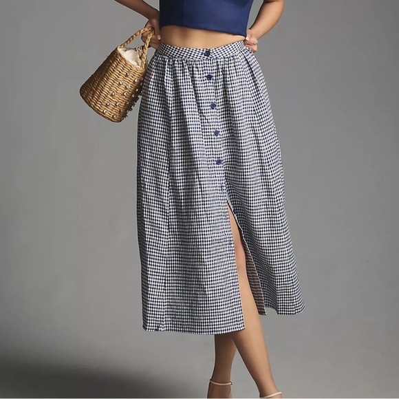 Reformation Orzo Navy blue and white Gingham Linen midi Skirt high waist 6 - Picture 1 of 11